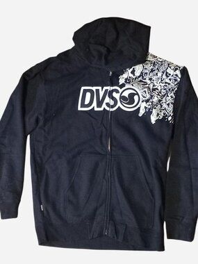 Black DVSO zip up hoodie with traditional tattoo style design on shoulder
